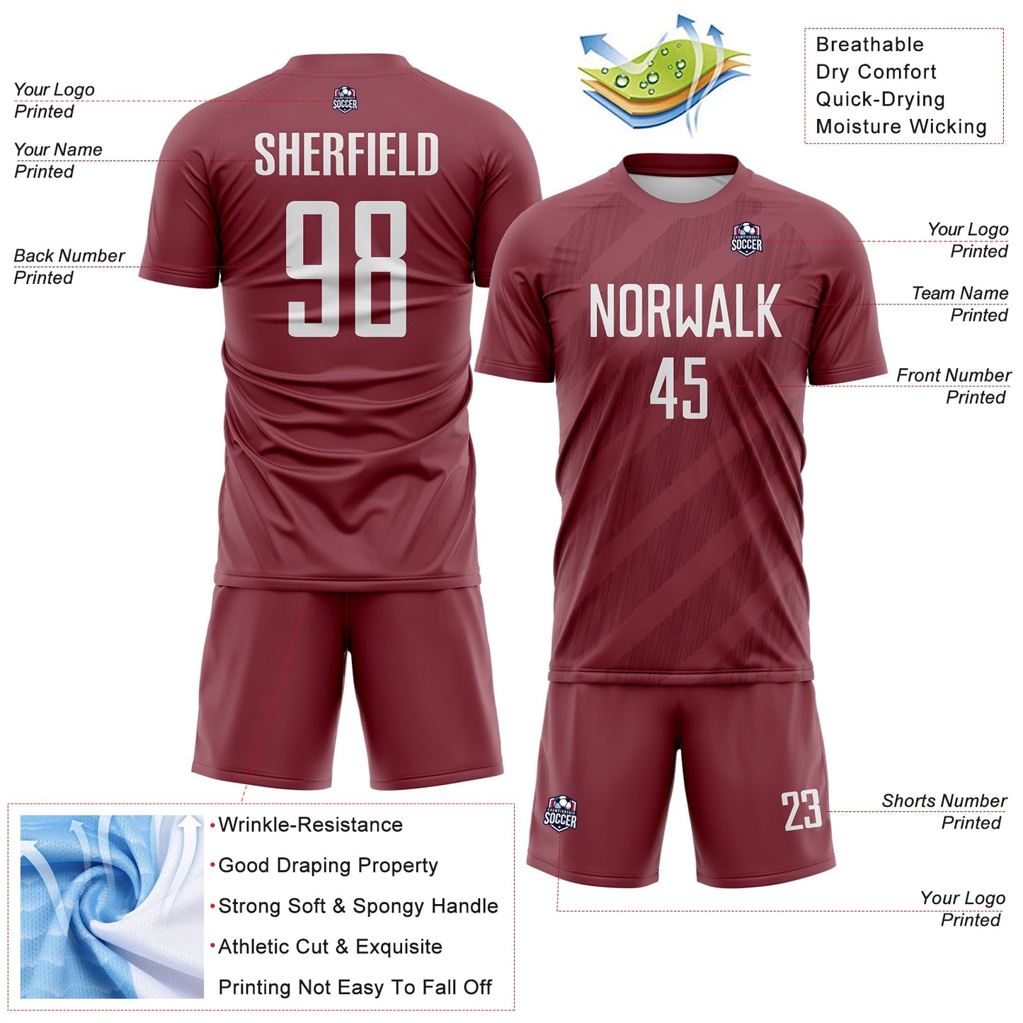 Custom Burgundy-White Diagonal Stripes Sublimation Soccer Uniform Jersey view 4