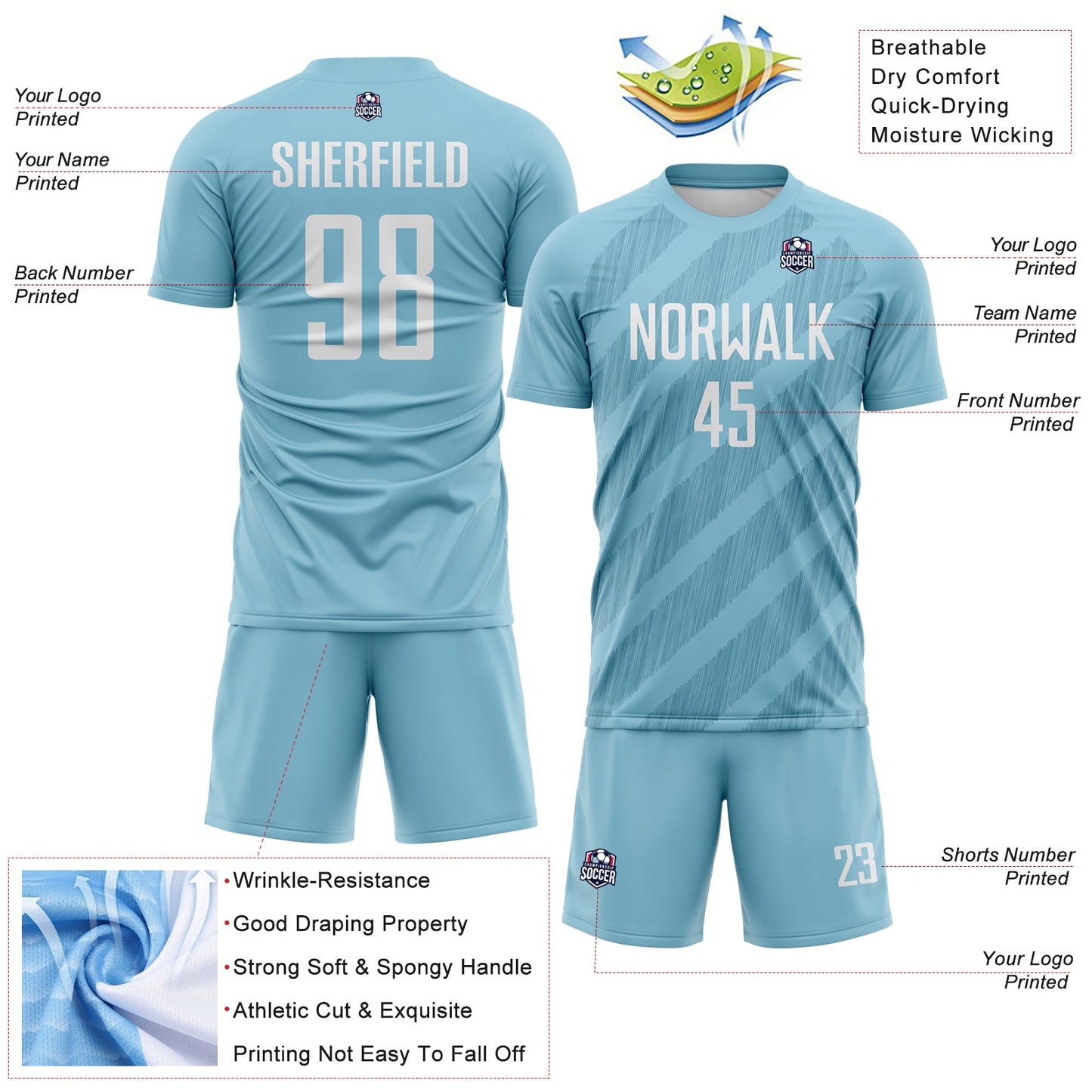 Custom Shadow Blue-White Diagonal Stripes Sublimation Soccer Uniform Jersey view 4