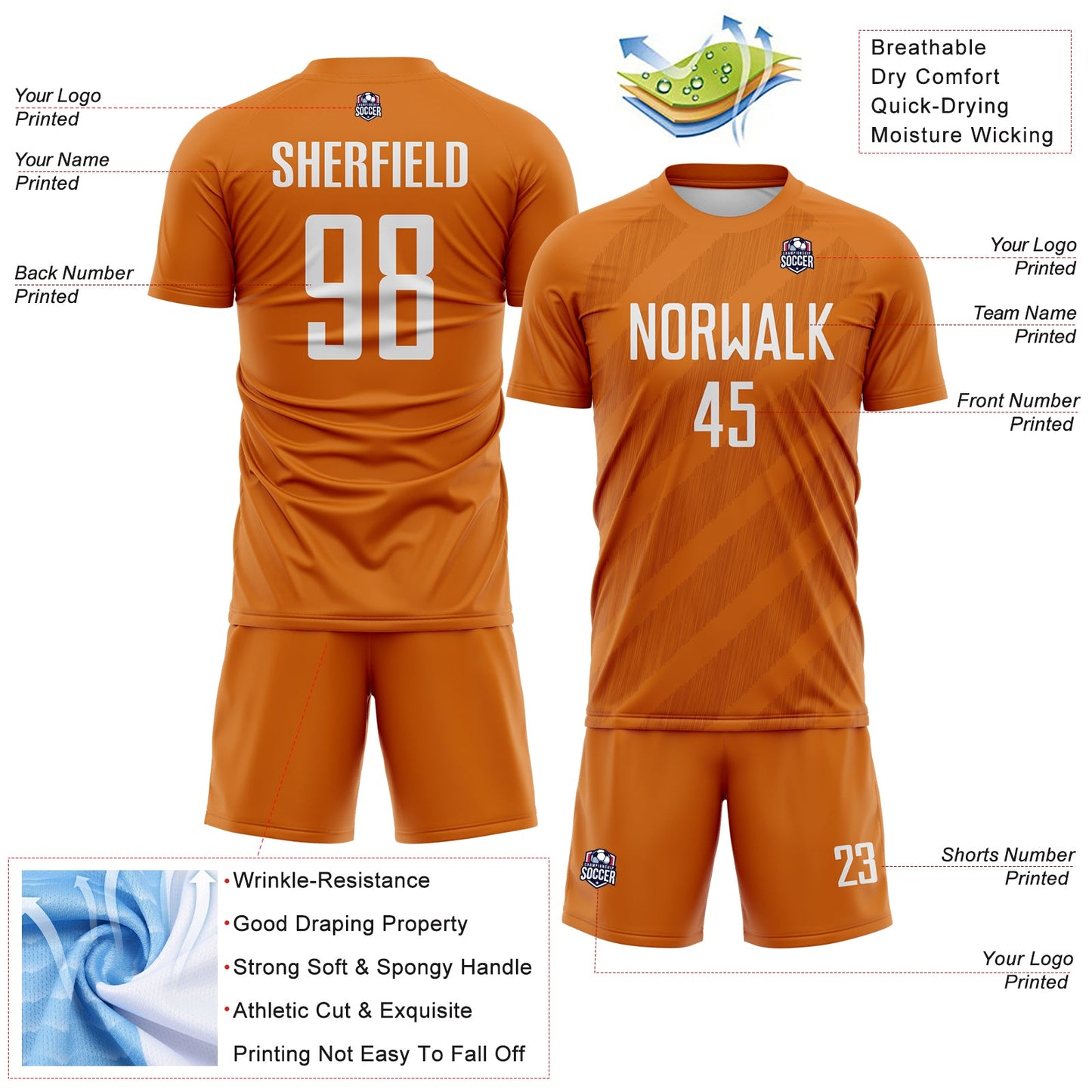 Custom Texas Orange-White Diagonal Stripes Sublimation Soccer Uniform Jersey view 4
