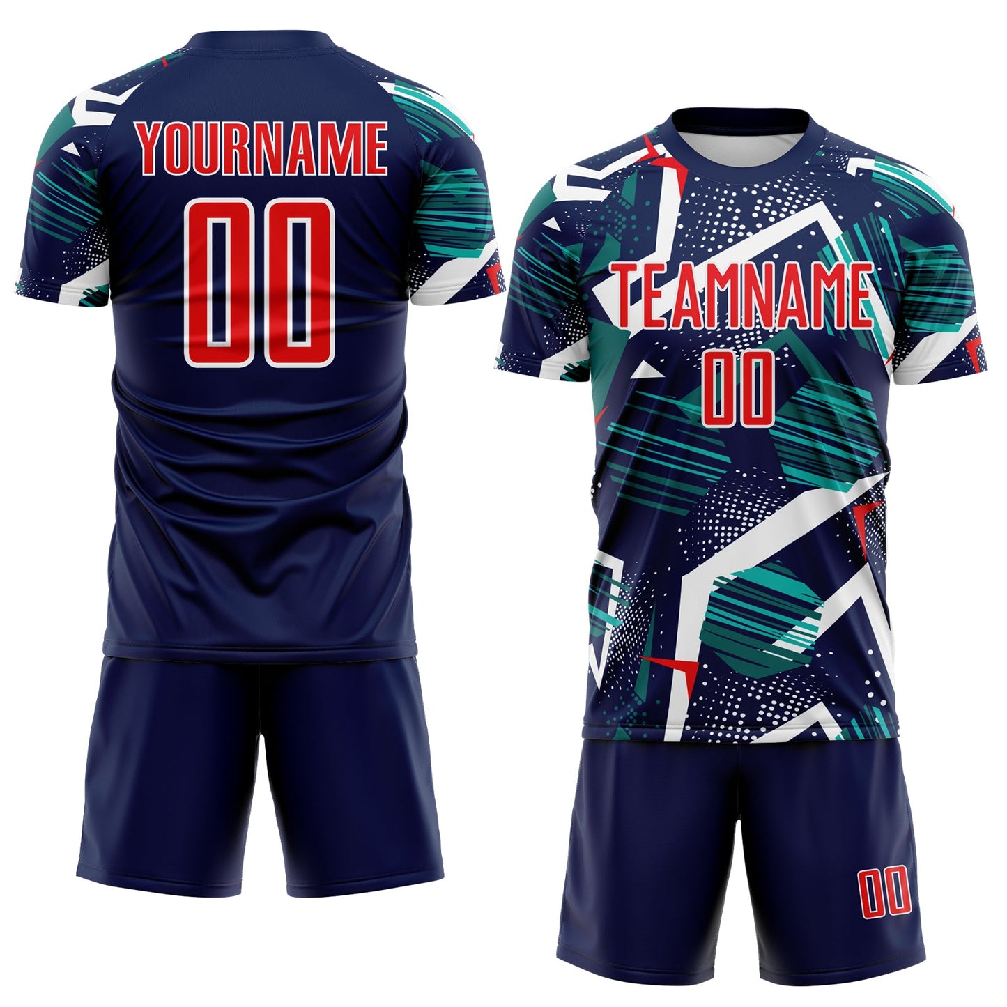 Custom Navy Fire Red Teal-White Geometric Asymmetry Shatter Sublimation Soccer Uniform Jersey view 2