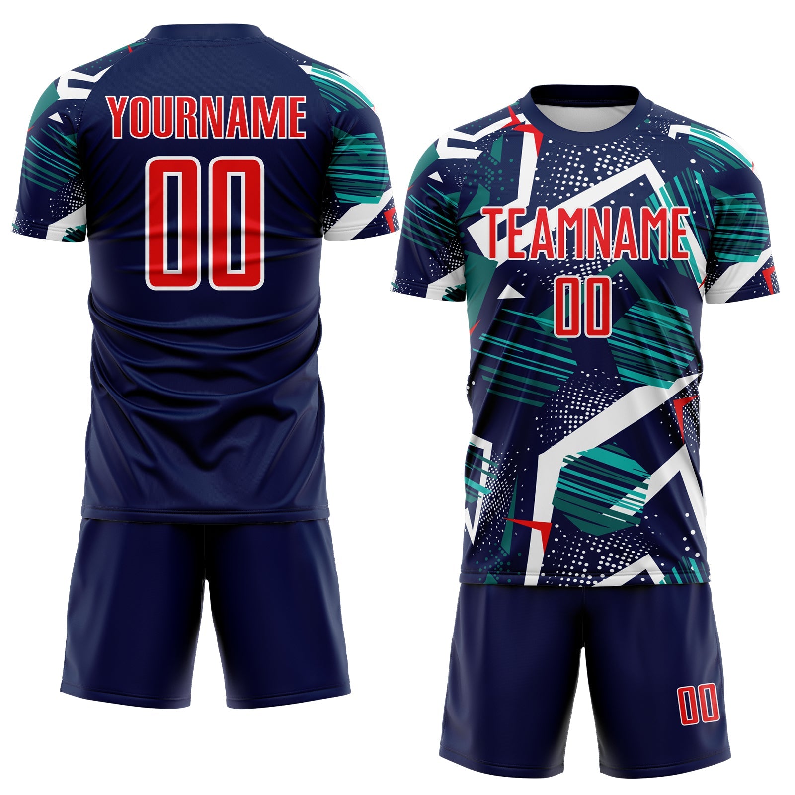 Custom Navy Fire Red Teal-White Geometric Asymmetry Shatter Sublimation Soccer Uniform Jersey view 2