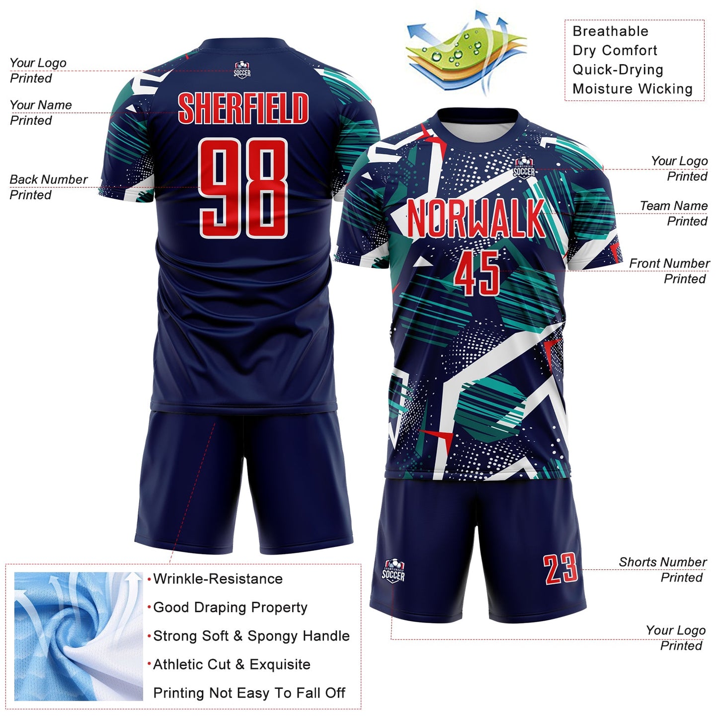 Custom Navy Fire Red Teal-White Geometric Asymmetry Shatter Sublimation Soccer Uniform Jersey view 4