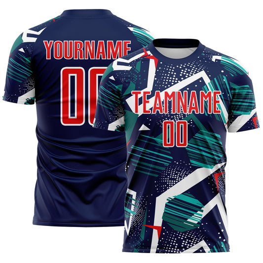 Custom Navy Fire Red Teal-White Geometric Asymmetry Shatter Sublimation Soccer Uniform Jersey - Main View