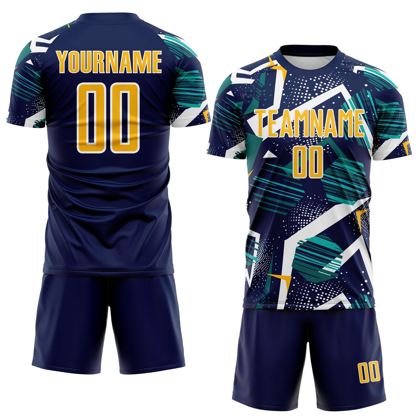Custom Navy Gold Teal-White Geometric Asymmetry Shatter Sublimation Soccer Uniform Jersey view 2