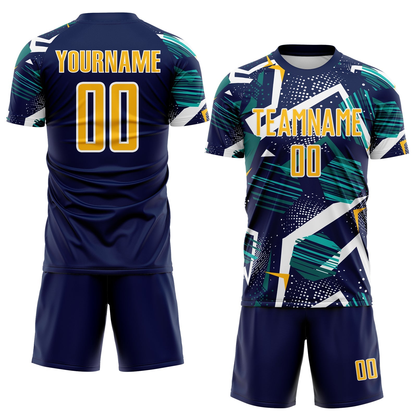 Custom Navy Gold Teal-White Geometric Asymmetry Shatter Sublimation Soccer Uniform Jersey view 2