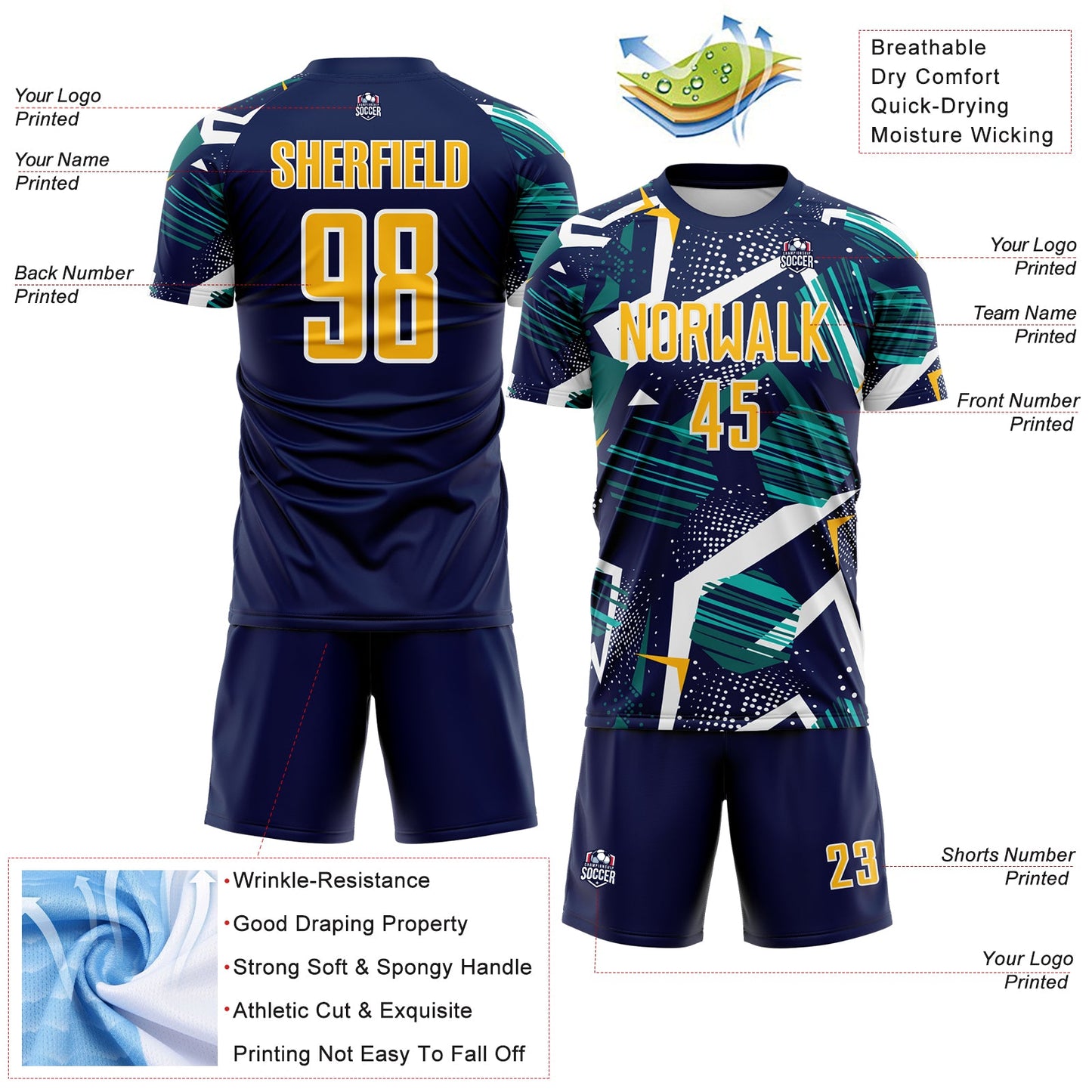 Custom Navy Gold Teal-White Geometric Asymmetry Shatter Sublimation Soccer Uniform Jersey view 4