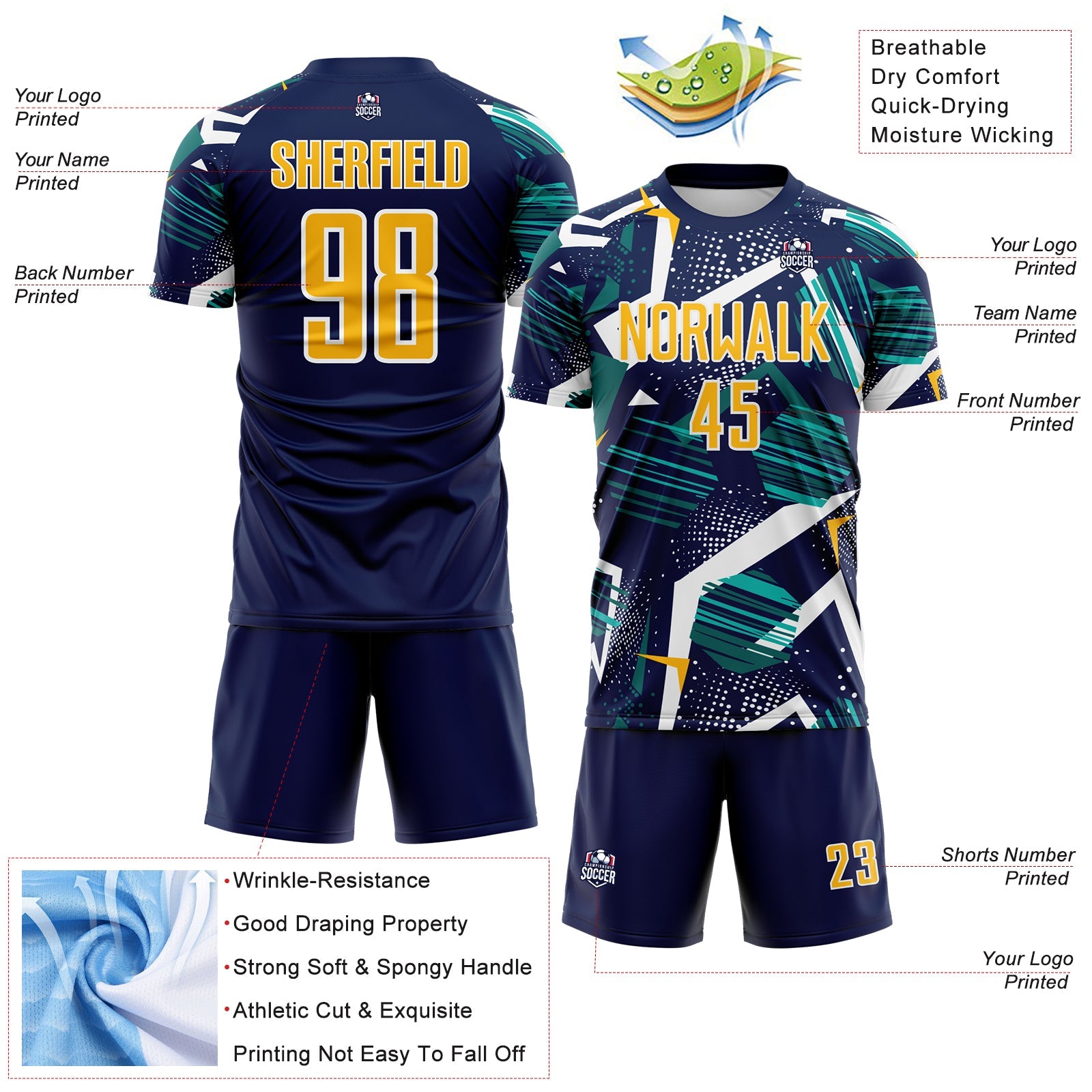 Custom Navy Gold Teal-White Geometric Asymmetry Shatter Sublimation Soccer Uniform Jersey view 4