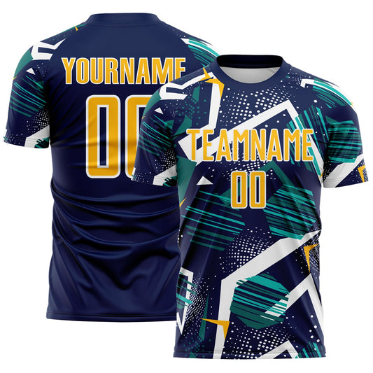 Custom Navy Gold Teal-White Geometric Asymmetry Shatter Sublimation Soccer Uniform Jersey - Main View