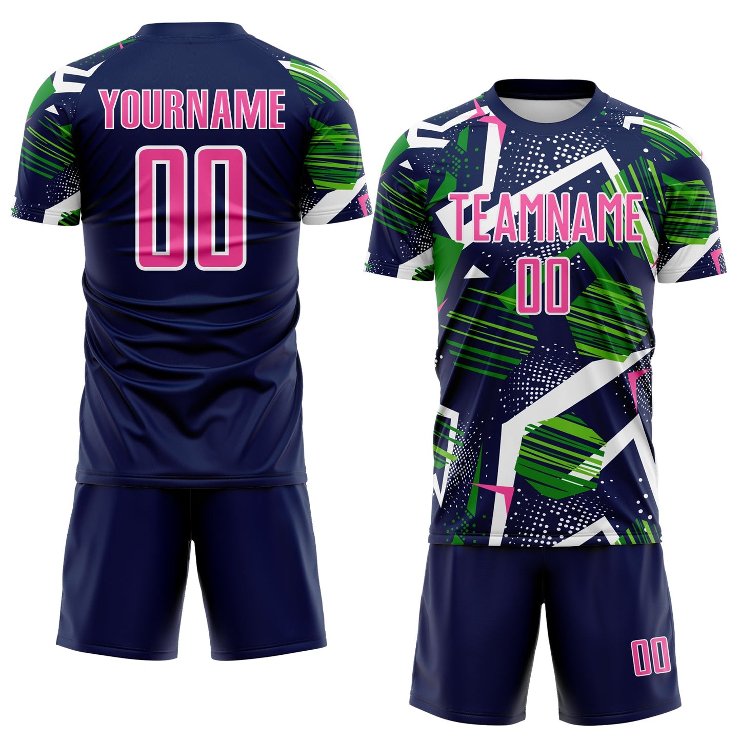Custom Navy Pink Green-White Geometric Asymmetry Shatter Sublimation Soccer Uniform Jersey view 2