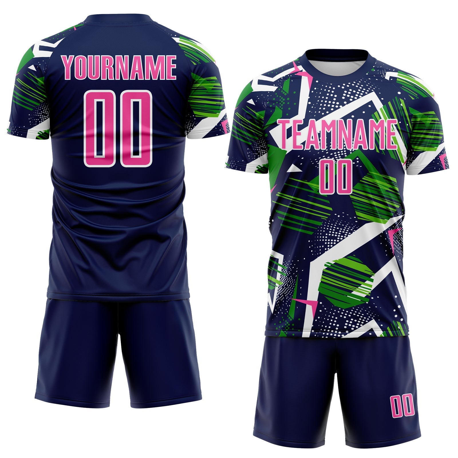 Custom Navy Pink Green-White Geometric Asymmetry Shatter Sublimation Soccer Uniform Jersey view 2