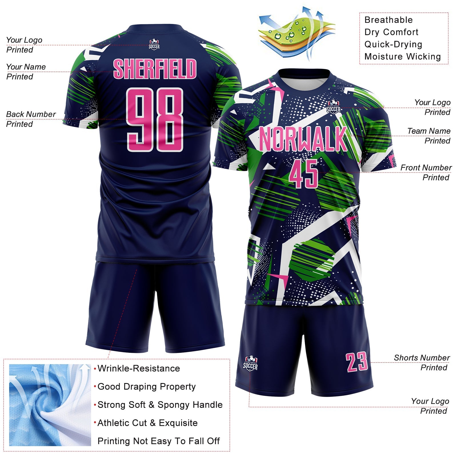 Custom Navy Pink Green-White Geometric Asymmetry Shatter Sublimation Soccer Uniform Jersey view 4