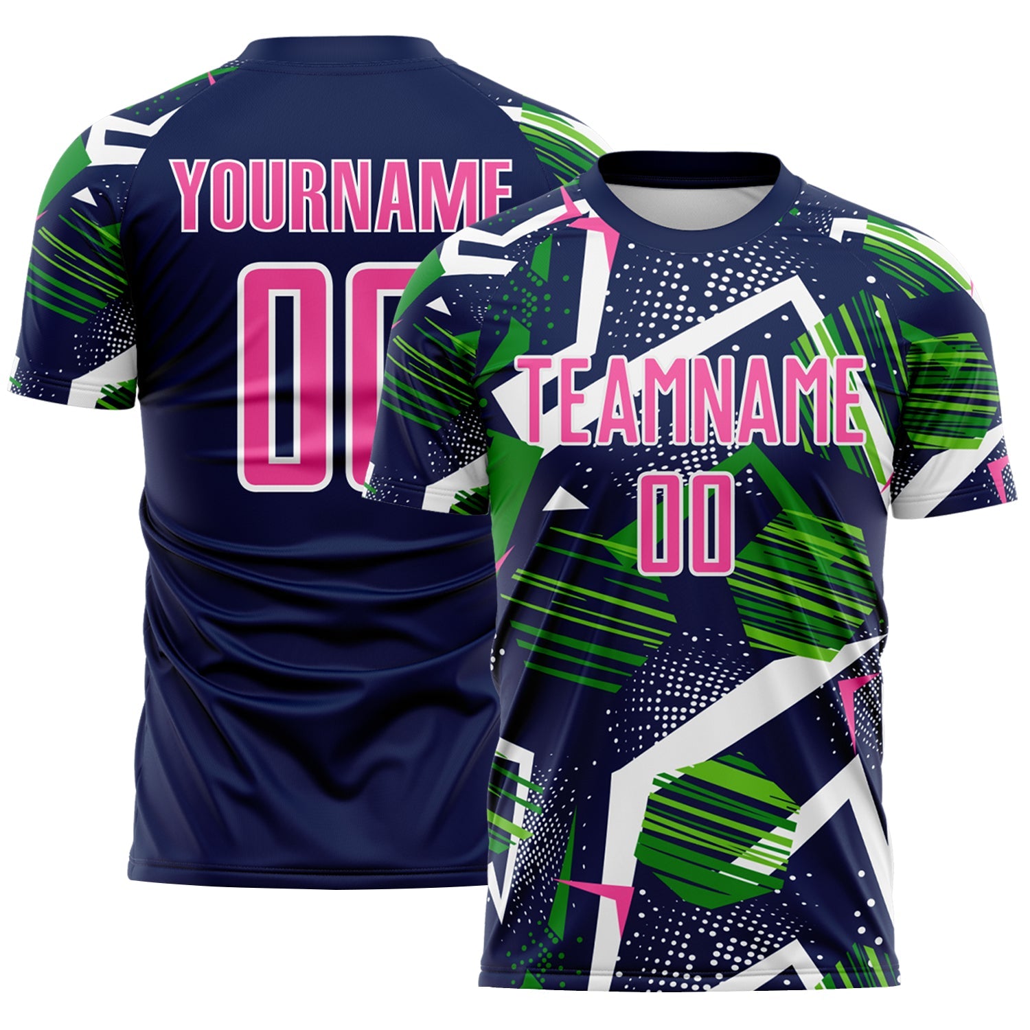 Custom Navy Pink Green-White Geometric Asymmetry Shatter Sublimation Soccer Uniform Jersey - Main View