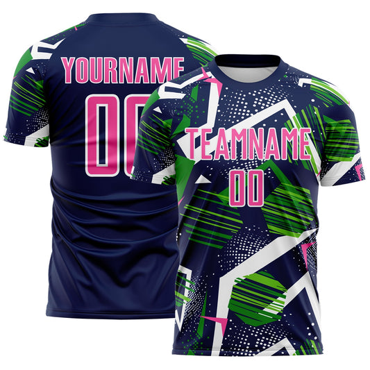 Custom Navy Pink Green-White Geometric Asymmetry Shatter Sublimation Soccer Uniform Jersey - Main View