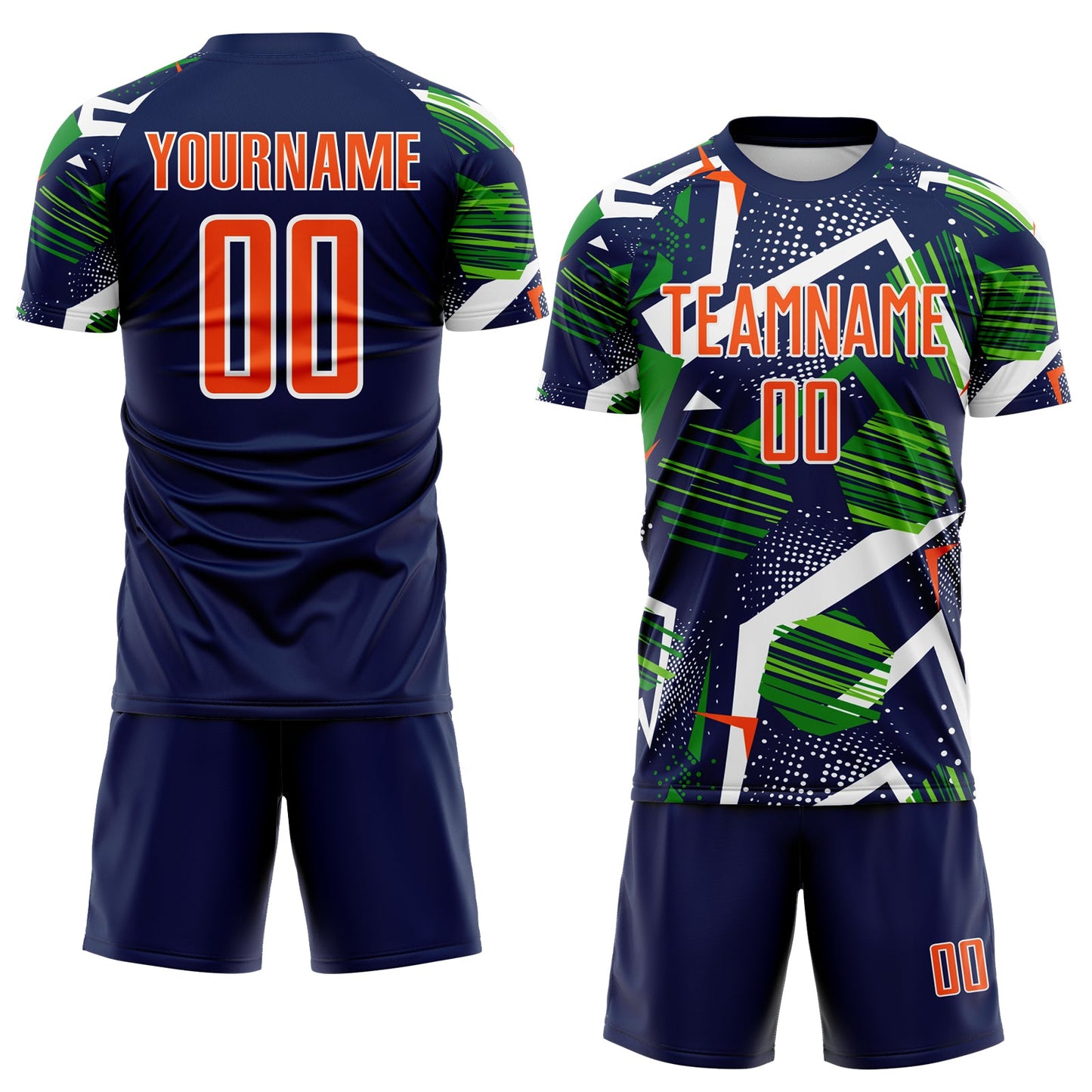 Custom Navy Orange Green-White Geometric Asymmetry Shatter Sublimation Soccer Uniform Jersey view 2