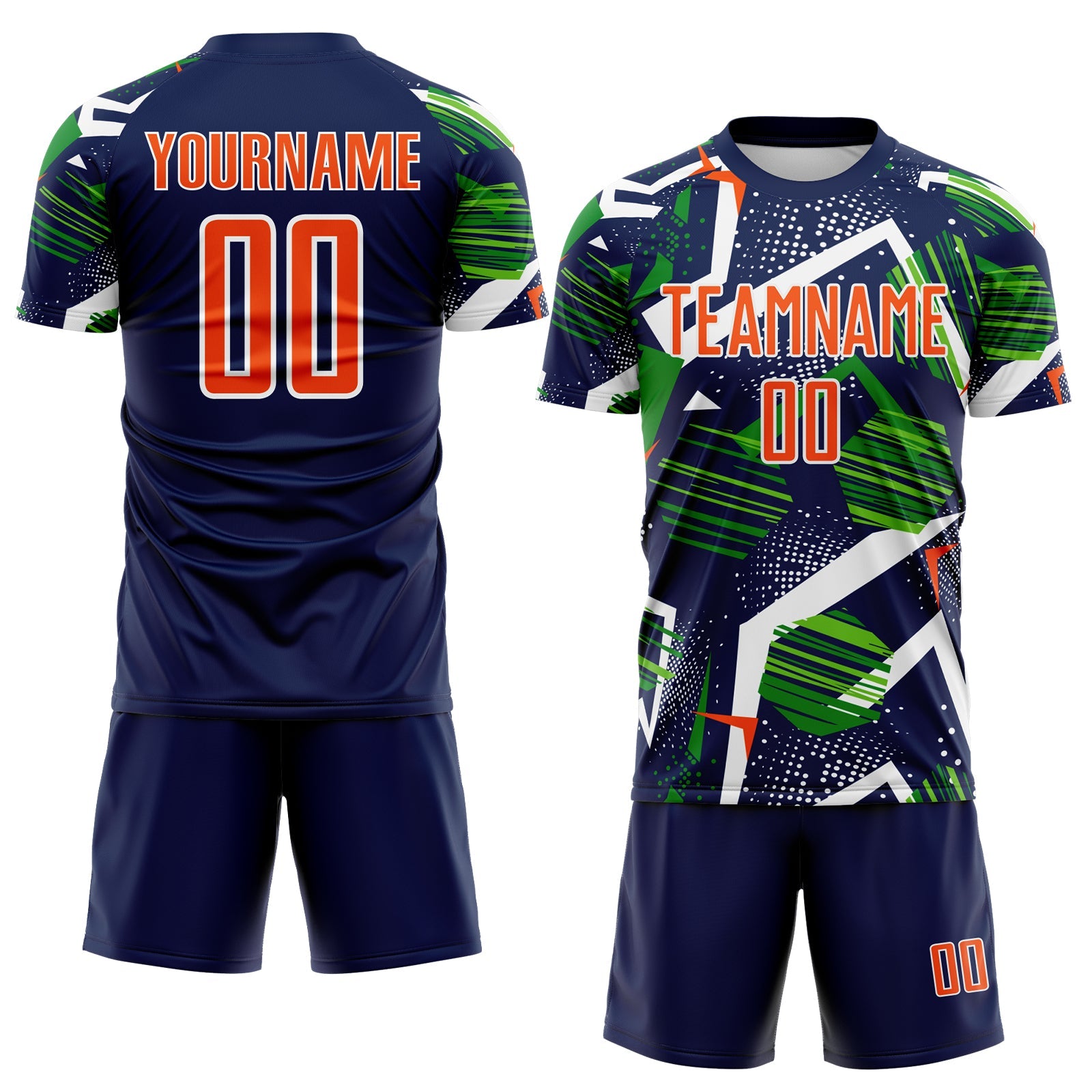 Custom Navy Orange Green-White Geometric Asymmetry Shatter Sublimation Soccer Uniform Jersey view 2