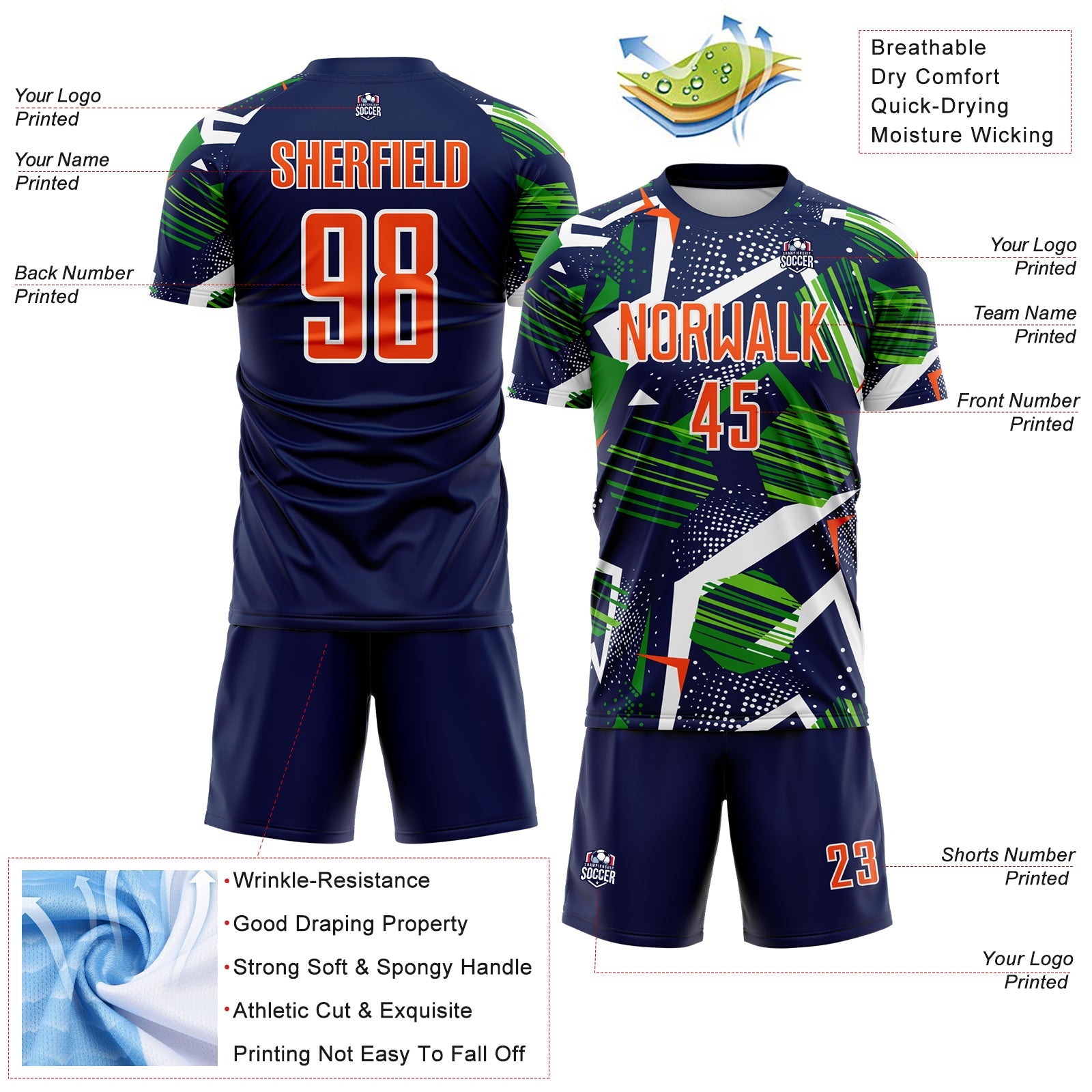 Custom Navy Orange Green-White Geometric Asymmetry Shatter Sublimation Soccer Uniform Jersey view 4