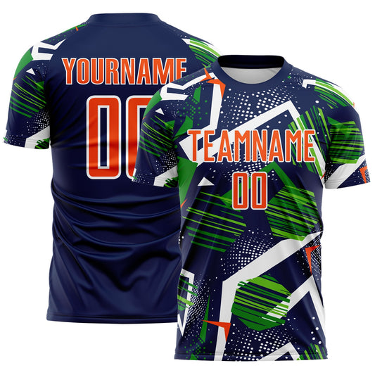 Custom Navy Orange Green-White Geometric Asymmetry Shatter Sublimation Soccer Uniform Jersey - Main View