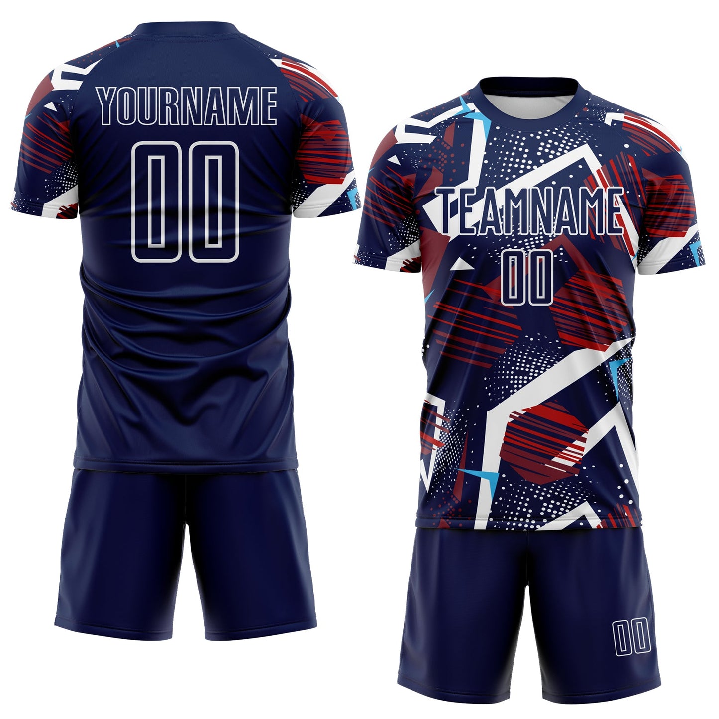 Custom Navy Red Blue-White Geometric Asymmetry Shatter Sublimation Soccer Uniform Jersey view 2
