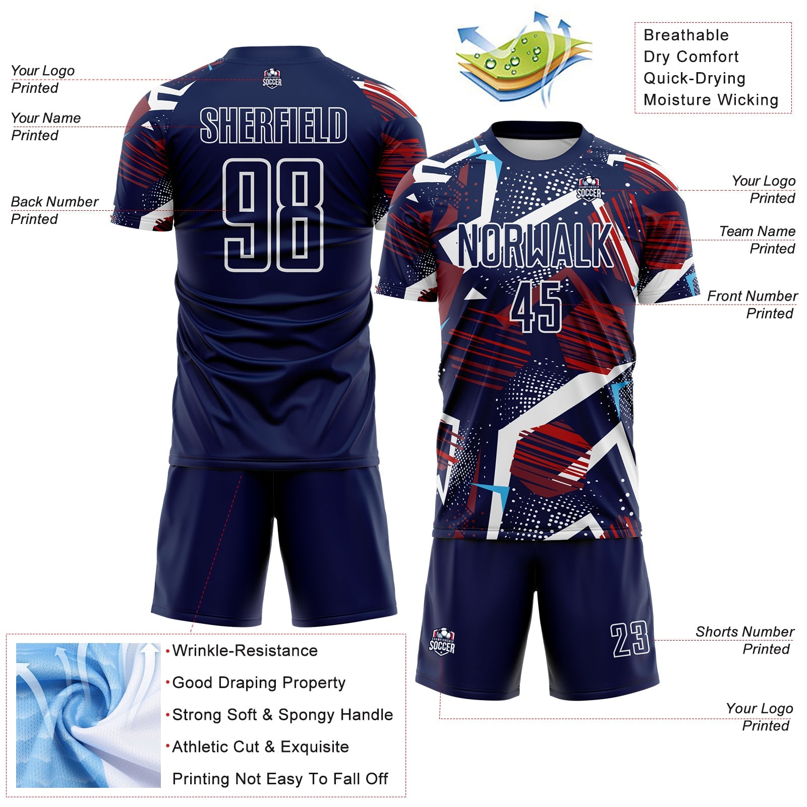 Custom Navy Red Blue-White Geometric Asymmetry Shatter Sublimation Soccer Uniform Jersey view 4