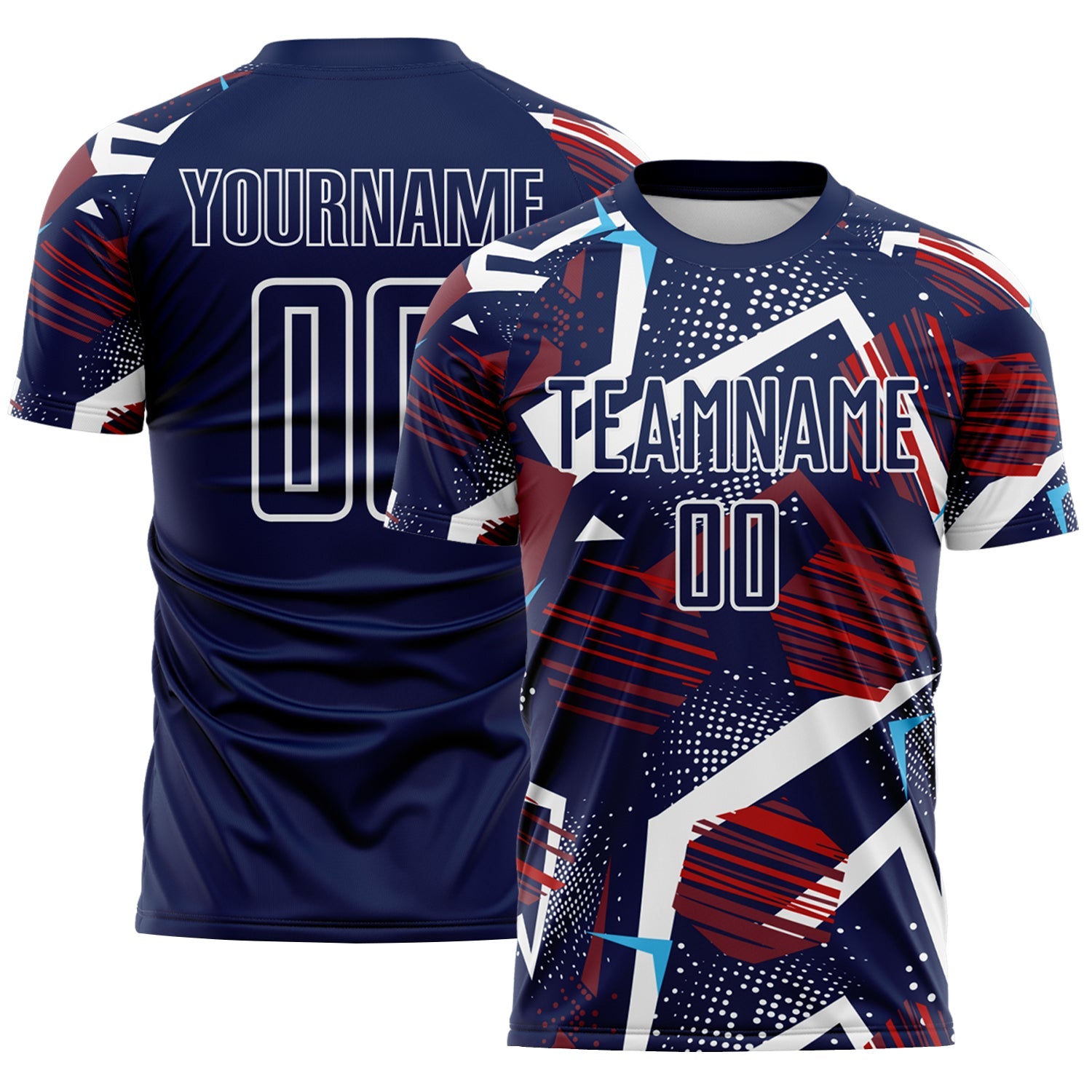 Custom Navy Red Blue-White Geometric Asymmetry Shatter Sublimation Soccer Uniform Jersey - Main View