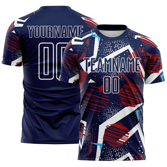 Custom Navy Red Blue-White Geometric Asymmetry Shatter Sublimation Soccer Uniform Jersey - Main View