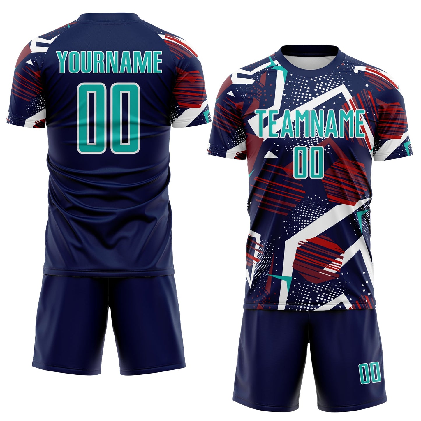 Custom Navy Aqua Red White-Black Geometric Asymmetry Shatter Sublimation Soccer Uniform Jersey view 2