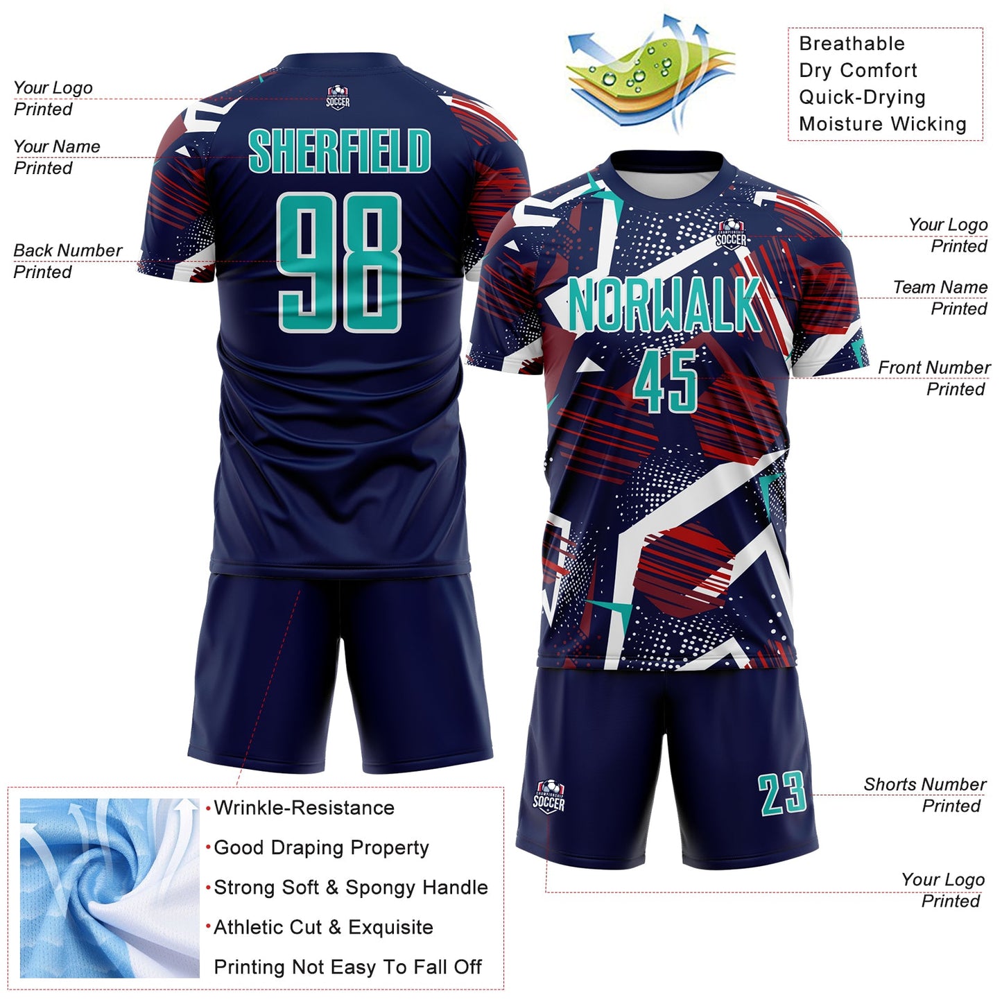 Custom Navy Aqua Red White-Black Geometric Asymmetry Shatter Sublimation Soccer Uniform Jersey view 4