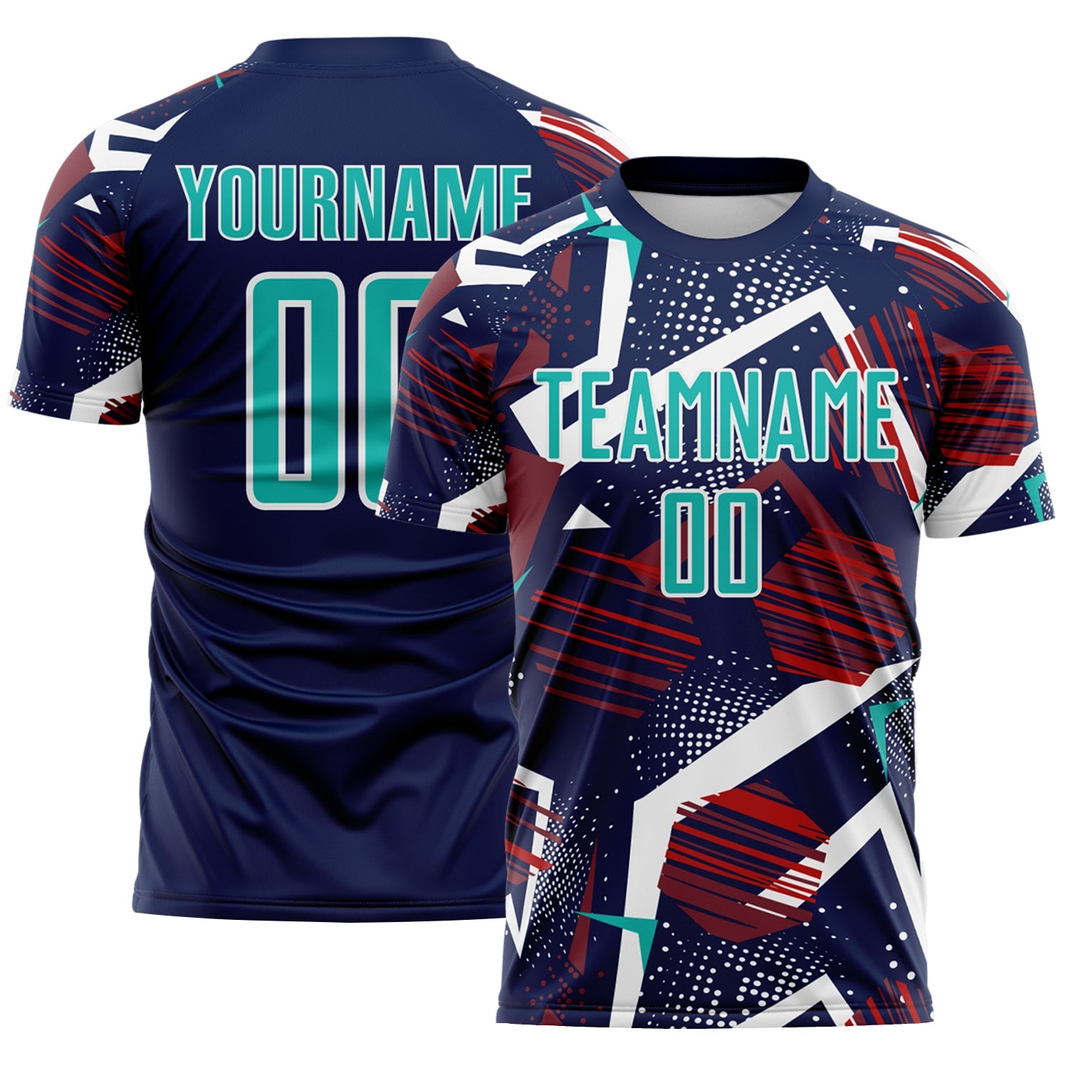 Custom Navy Aqua Red White-Black Geometric Asymmetry Shatter Sublimation Soccer Uniform Jersey - Main View