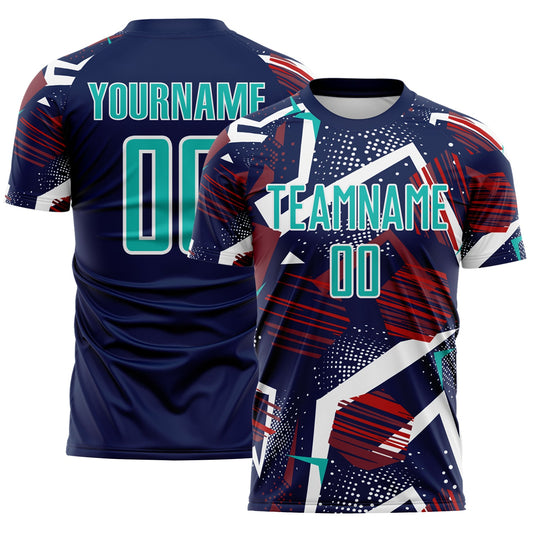 Custom Navy Aqua Red White-Black Geometric Asymmetry Shatter Sublimation Soccer Uniform Jersey - Main View