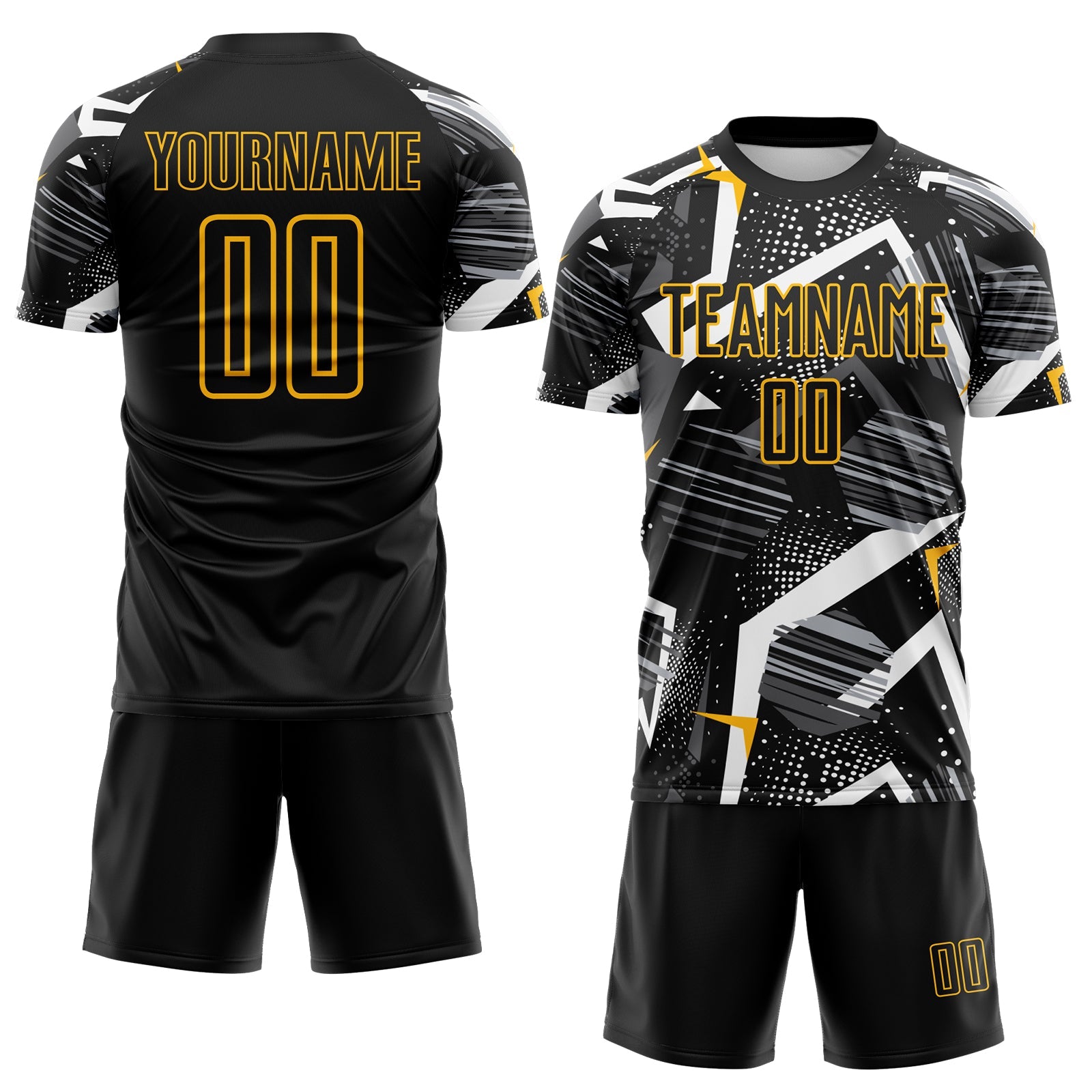 Custom Black Gray-Gold Geometric Asymmetry Shatter Sublimation Soccer Uniform Jersey view 2