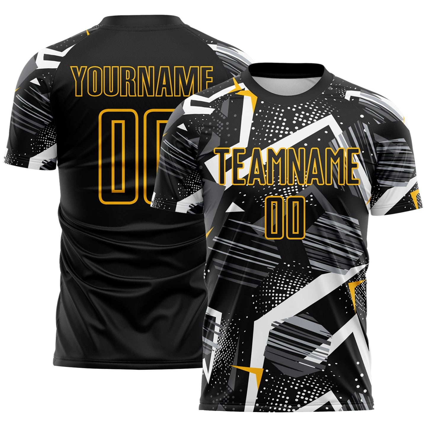 Custom Black Gray-Gold Geometric Asymmetry Shatter Sublimation Soccer Uniform Jersey - Main View
