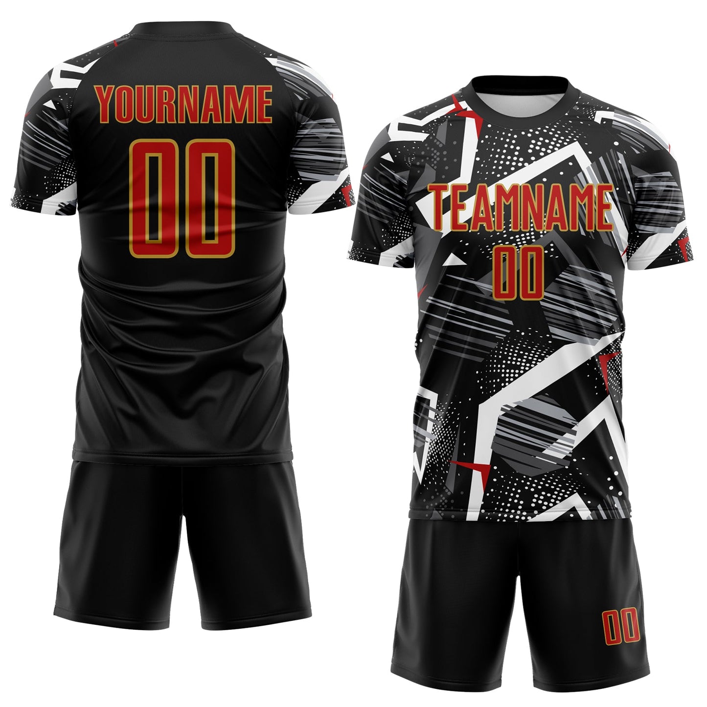Custom Black Red Gray-Old Gold Geometric Asymmetry Shatter Sublimation Soccer Uniform Jersey view 2