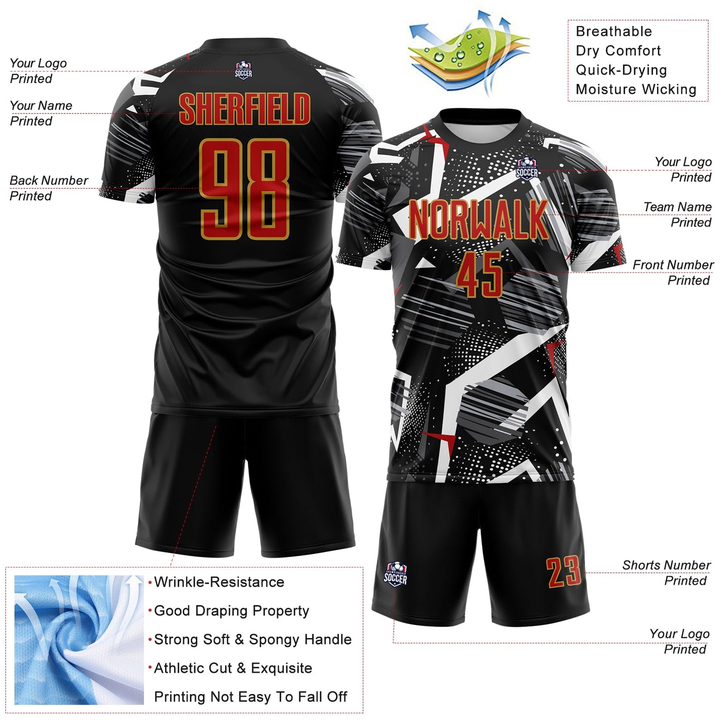Custom Black Red Gray-Old Gold Geometric Asymmetry Shatter Sublimation Soccer Uniform Jersey view 4