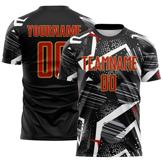 Custom Black Red Gray-Old Gold Geometric Asymmetry Shatter Sublimation Soccer Uniform Jersey - Main View