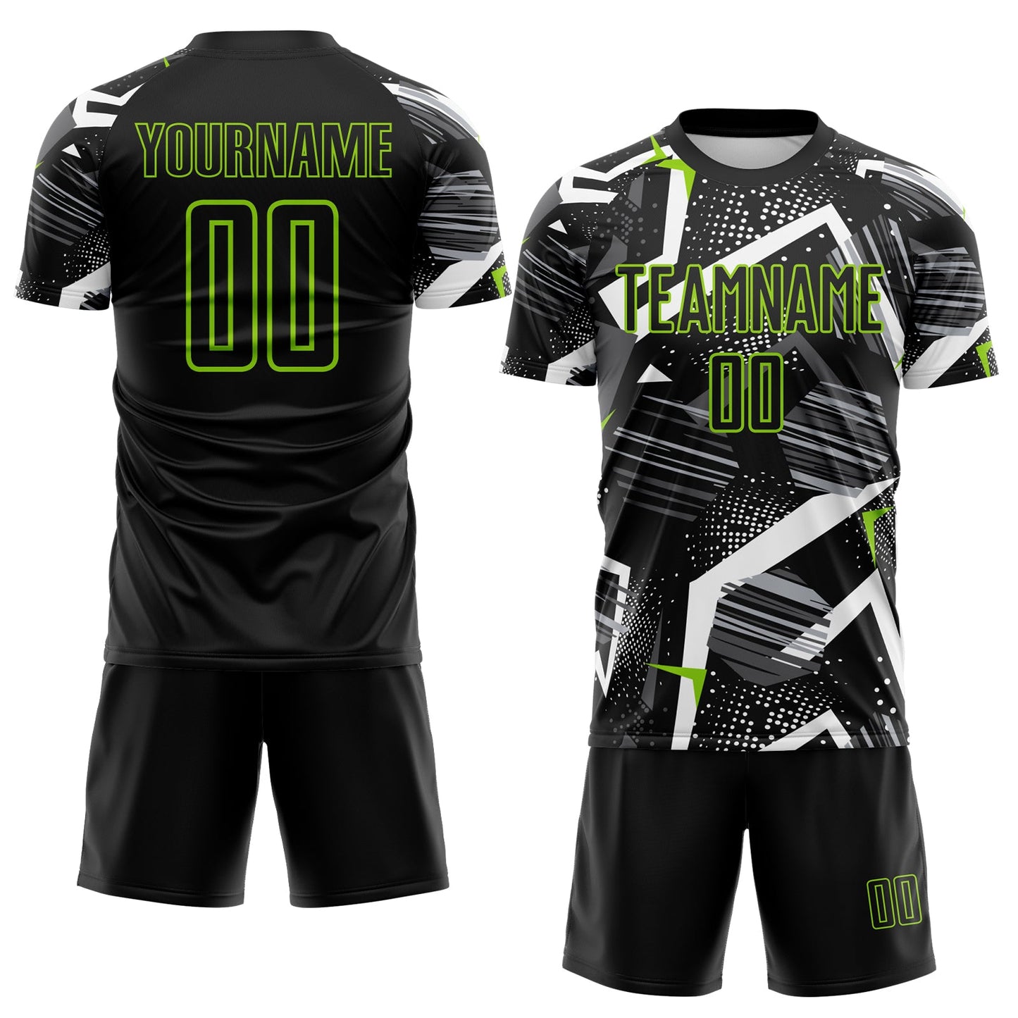 Custom Black Gray-Neon Green Geometric Asymmetry Shatter Sublimation Soccer Uniform Jersey view 2