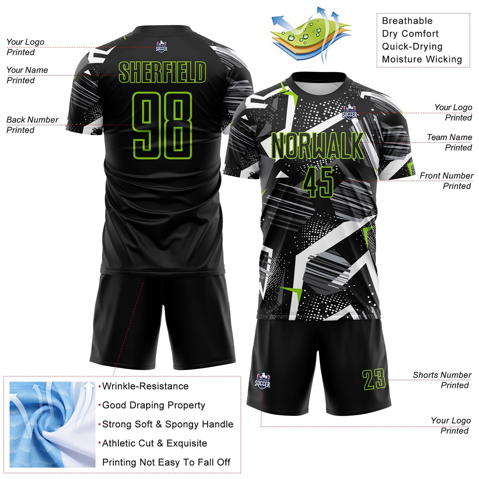 Custom Black Gray-Neon Green Geometric Asymmetry Shatter Sublimation Soccer Uniform Jersey view 4