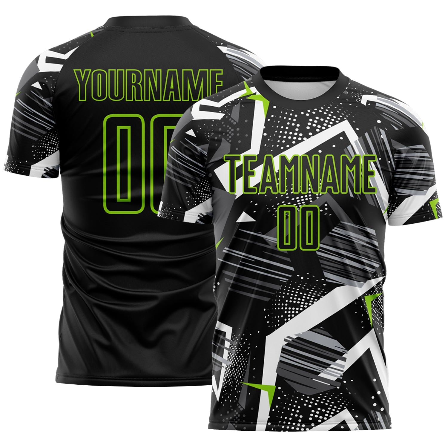 Custom Black Gray-Neon Green Geometric Asymmetry Shatter Sublimation Soccer Uniform Jersey - Main View