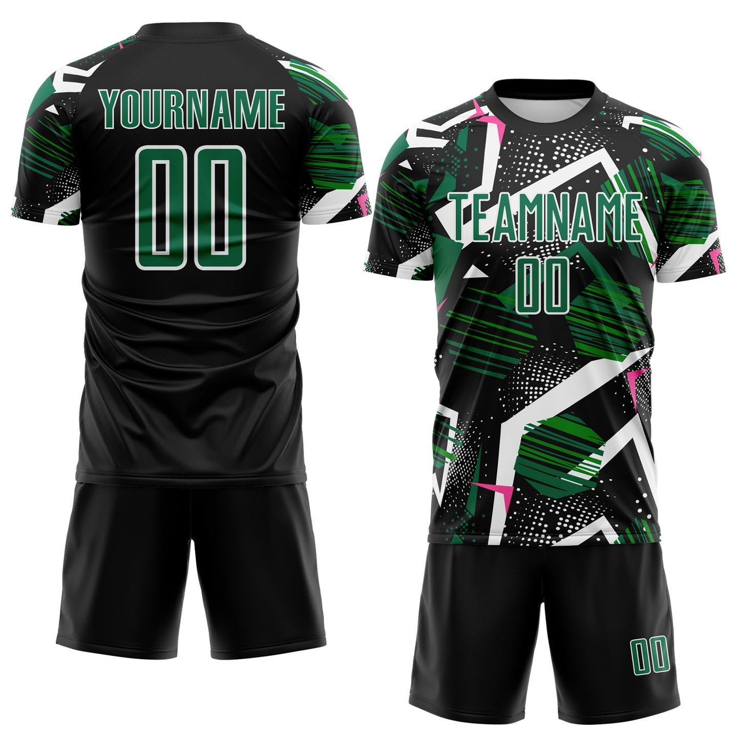 Custom Black Kelly Green Pink-White Geometric Asymmetry Shatter Sublimation Soccer Uniform Jersey view 2