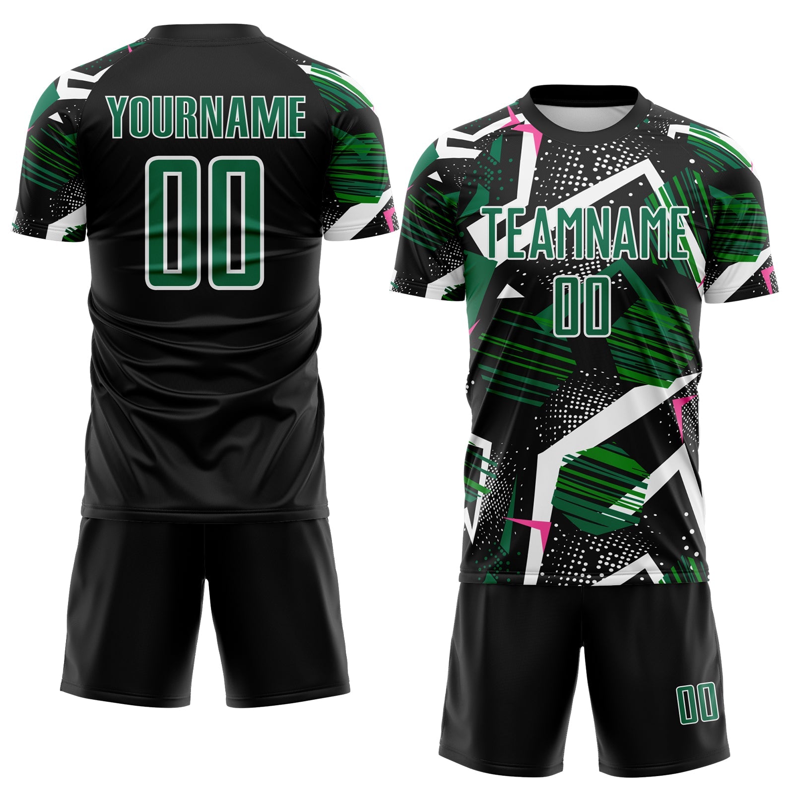 Custom Black Kelly Green Pink-White Geometric Asymmetry Shatter Sublimation Soccer Uniform Jersey view 2