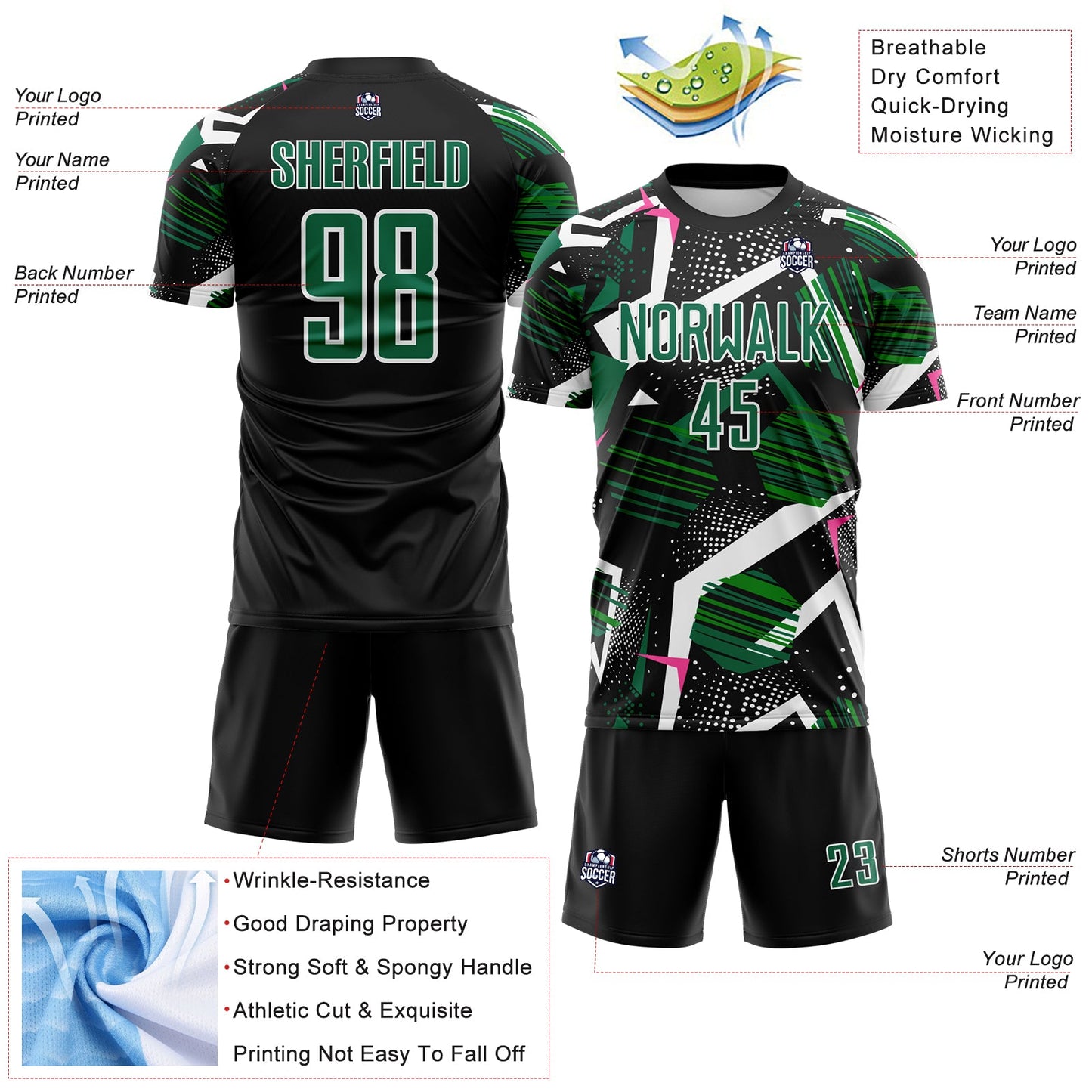 Custom Black Kelly Green Pink-White Geometric Asymmetry Shatter Sublimation Soccer Uniform Jersey view 4