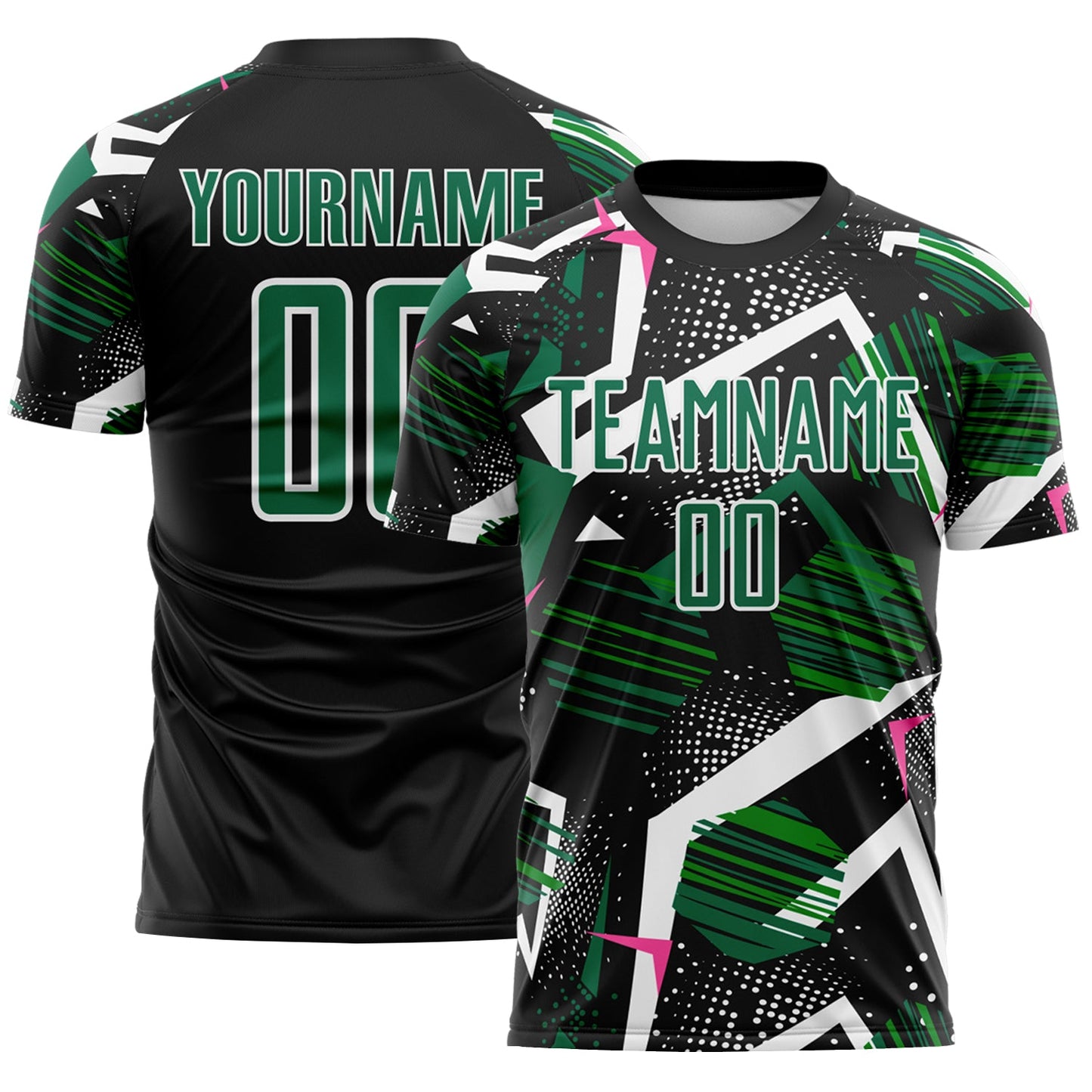 Custom Black Kelly Green Pink-White Geometric Asymmetry Shatter Sublimation Soccer Uniform Jersey - Main View