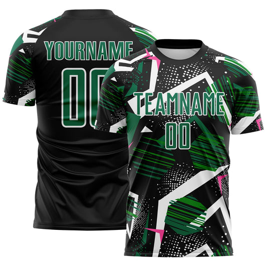 Custom Black Kelly Green Pink-White Geometric Asymmetry Shatter Sublimation Soccer Uniform Jersey - Main View