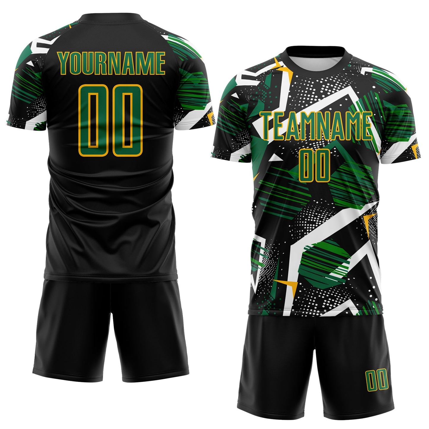 Custom Black Kelly Green White-Gold Geometric Asymmetry Shatter Sublimation Soccer Uniform Jersey view 2