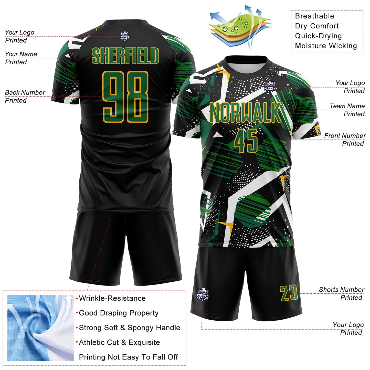 Custom Black Kelly Green White-Gold Geometric Asymmetry Shatter Sublimation Soccer Uniform Jersey view 4