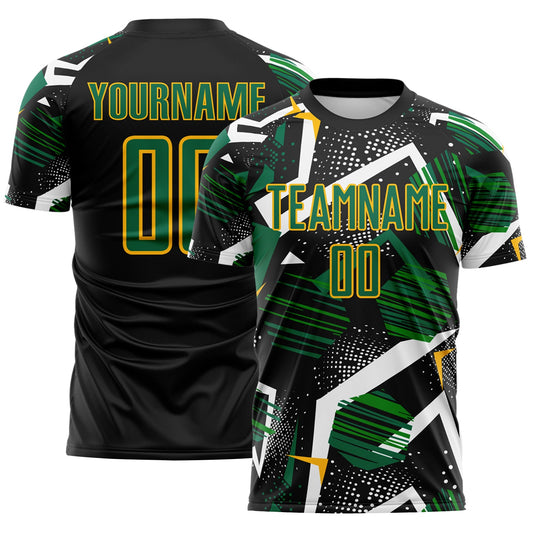 Custom Black Kelly Green White-Gold Geometric Asymmetry Shatter Sublimation Soccer Uniform Jersey - Main View