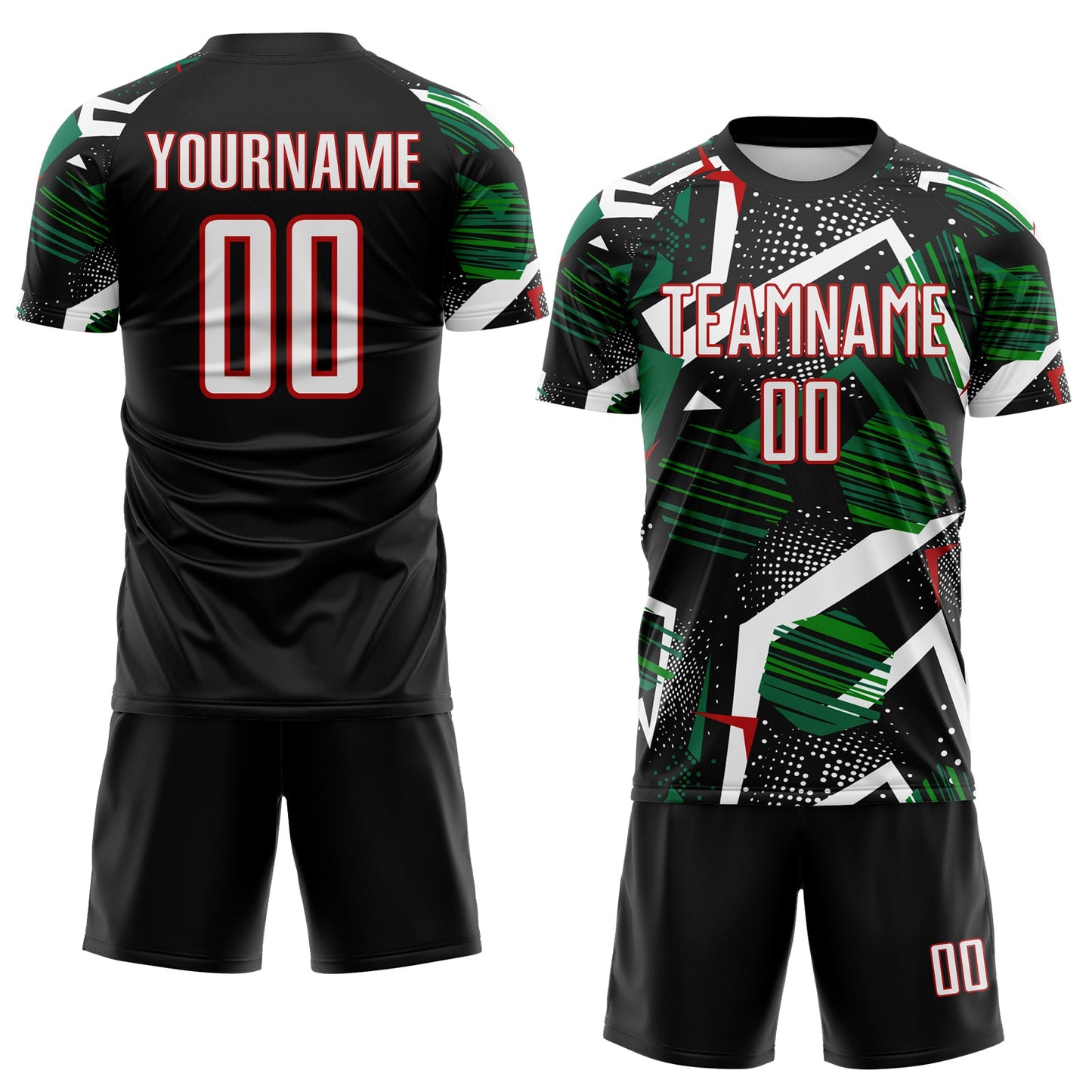 Custom Black White Green-Red Geometric Asymmetry Shatter Sublimation Soccer Uniform Jersey view 2