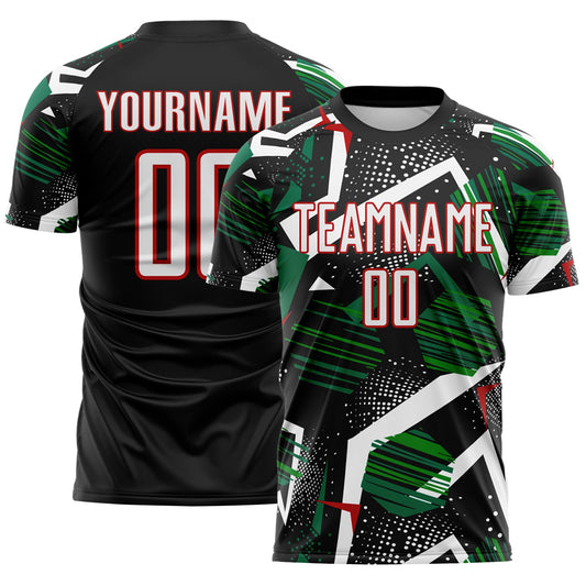 Custom Black White Green-Red Geometric Asymmetry Shatter Sublimation Soccer Uniform Jersey - Main View