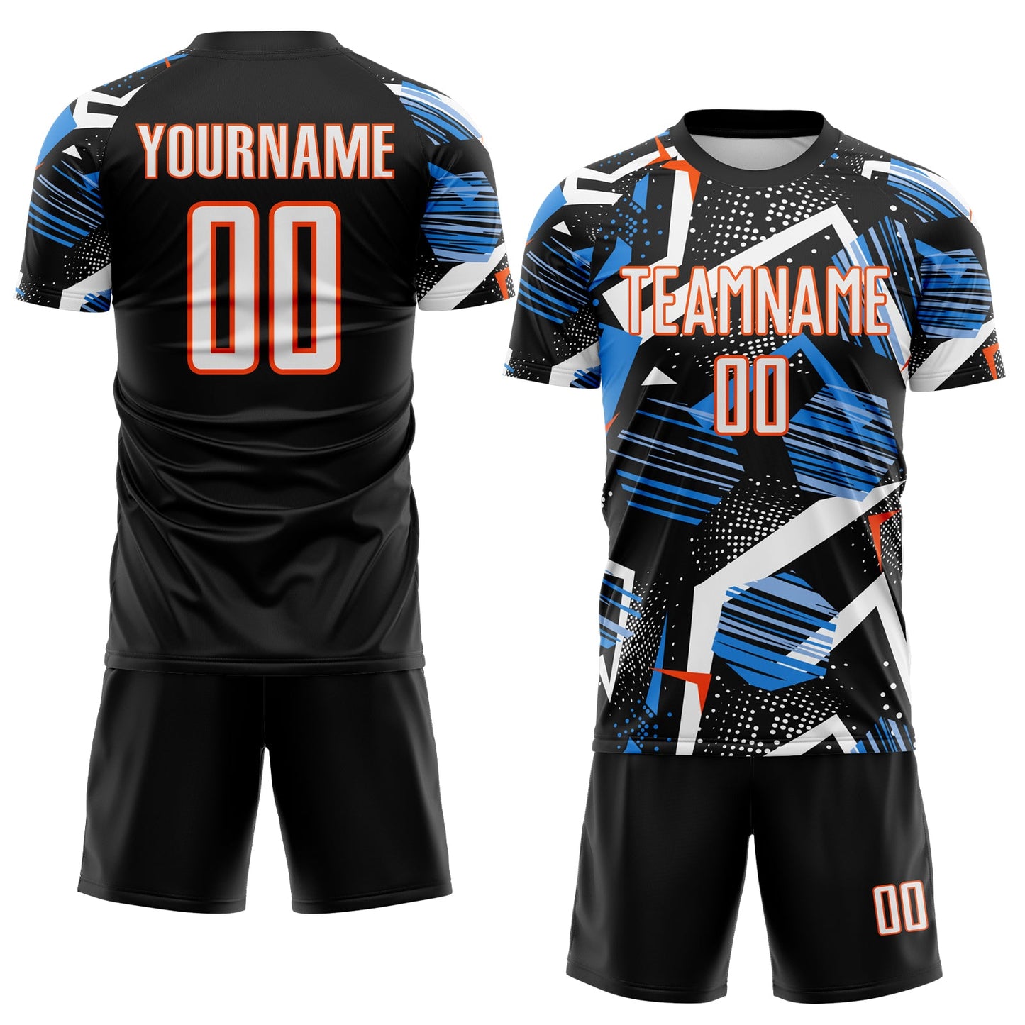 Custom Black White Blue-Orange Geometric Asymmetry Shatter Sublimation Soccer Uniform Jersey view 2