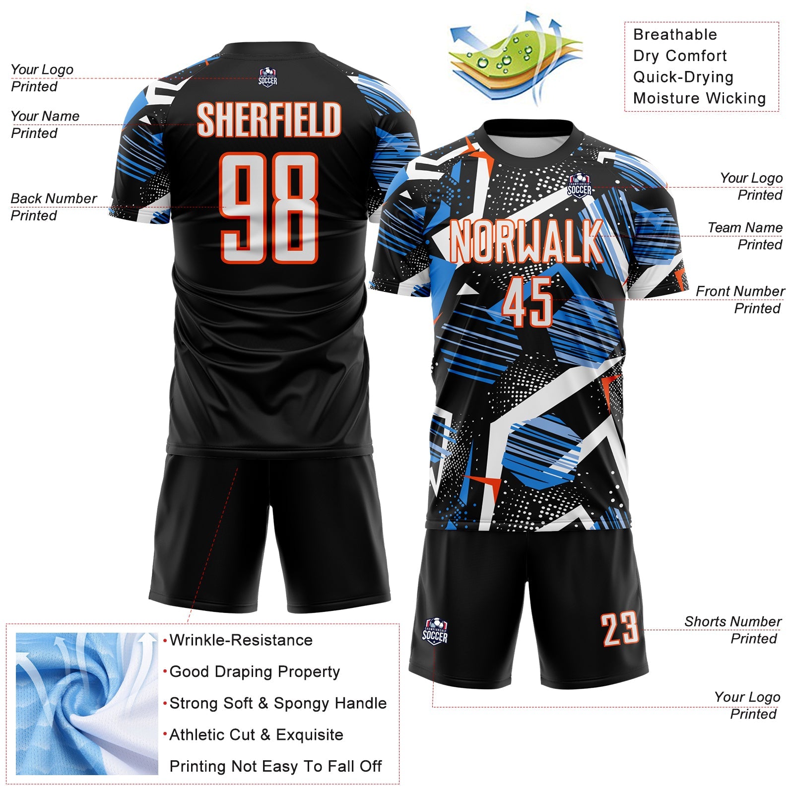 Custom Black White Blue-Orange Geometric Asymmetry Shatter Sublimation Soccer Uniform Jersey view 4