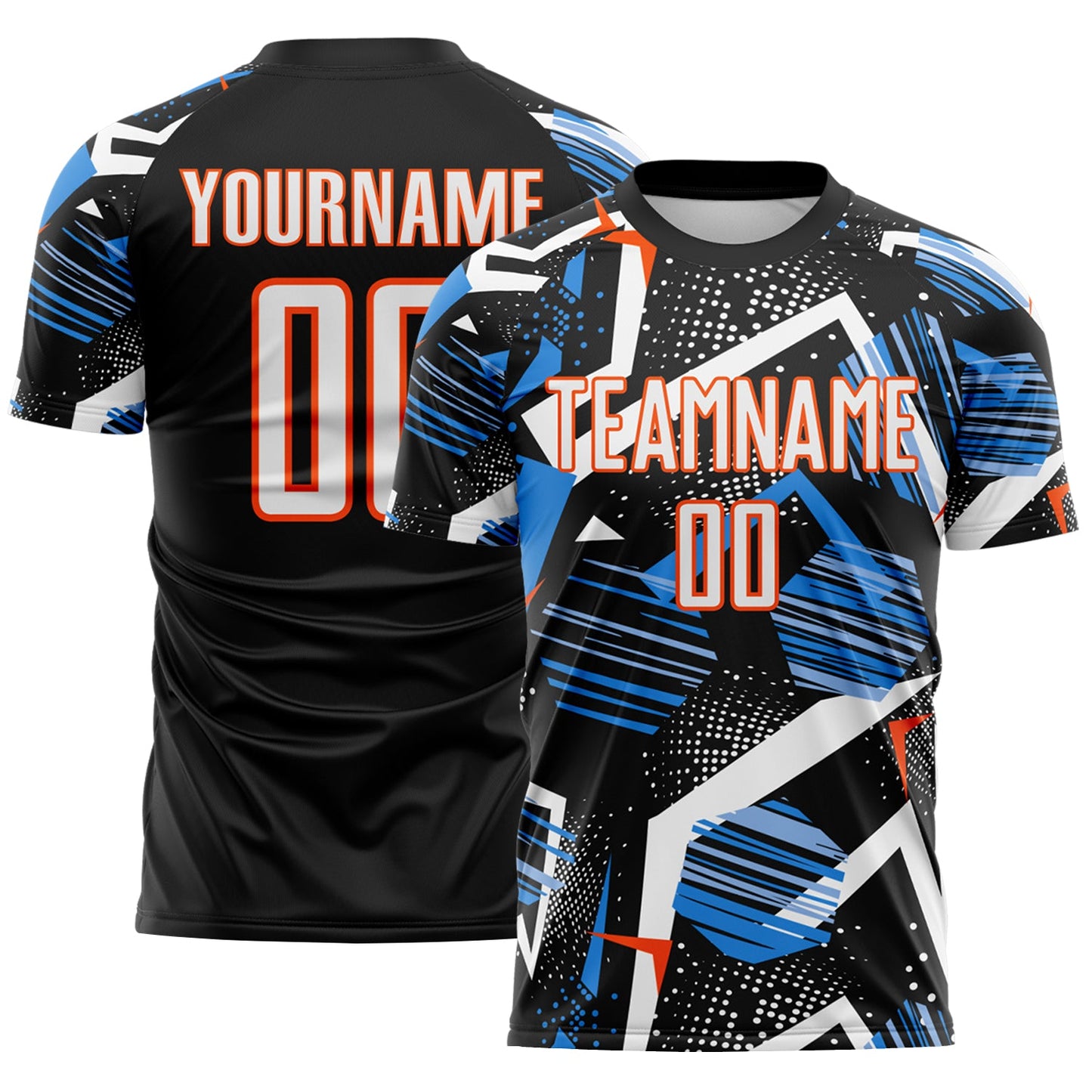 Custom Black White Blue-Orange Geometric Asymmetry Shatter Sublimation Soccer Uniform Jersey - Main View